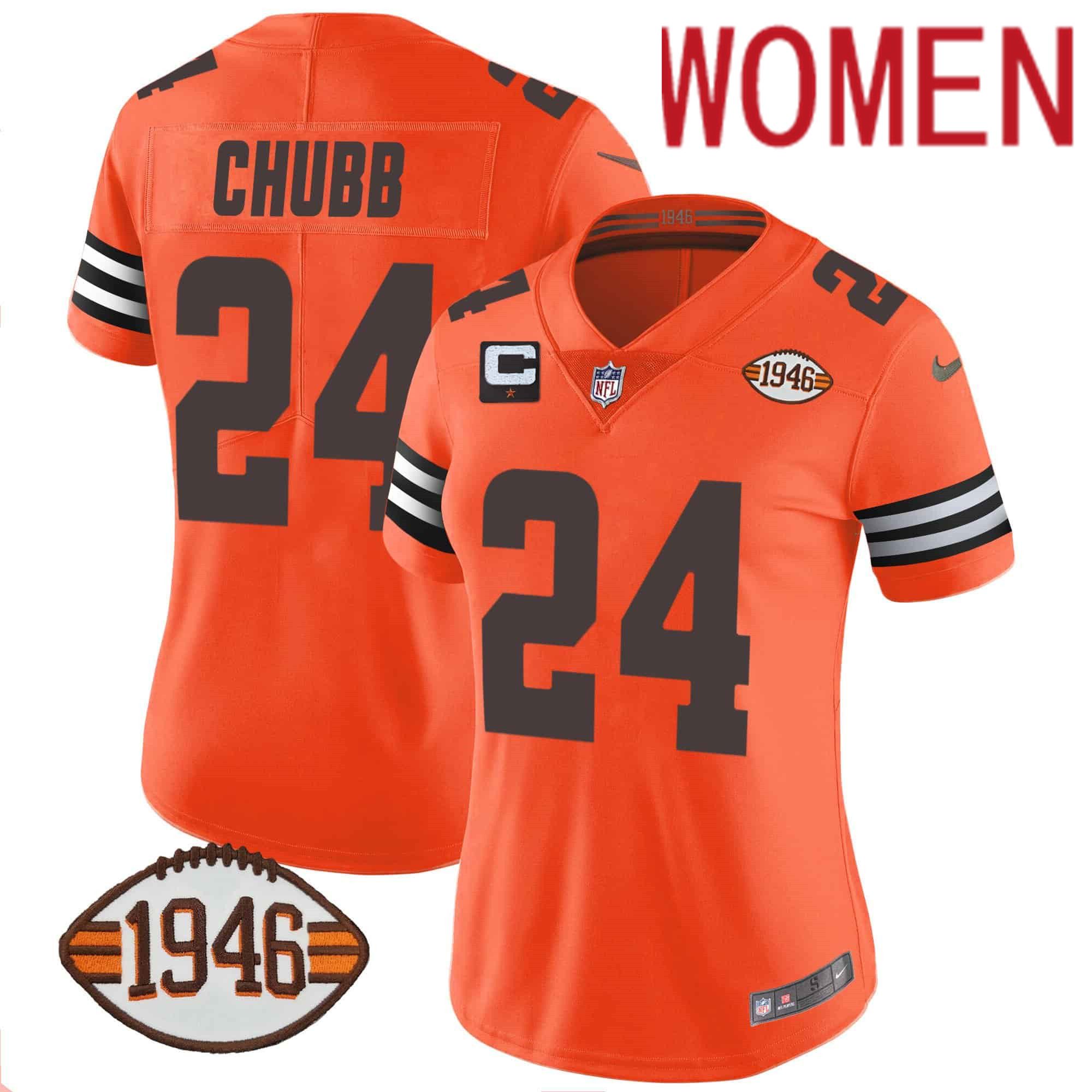 Women Cleveland Browns 24 Chubb Orange 1946 75th Anniversary Patch 2024 Nike NFL Jersey